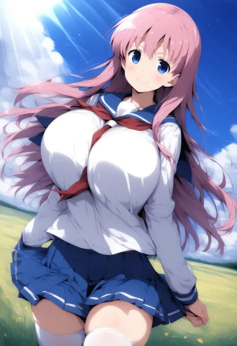 1girl, cowboy shot, huge breasts, (field:1.5), (sky:1.3), (sunlight:1.3),  smile, 
haramura_nodoka, blue eyes, pink hair, long hair, kiyosumi school uniform, serafuku, blue skirt, white thighhighs, <lora:haramura_nodoka_pony_ver1:0.7>, score_9, score_8_up,...