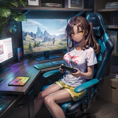 hires,high quality,best quality,1girl,mature female,game controller, shirt,(dark skin:1.2),(dark skinned female:1.2), yellow eyes,smirk, long hair, (holding game controller:1.2),large breasts, brown hair, monitor, posters, shelf, plant, figurine,gaming-roo...