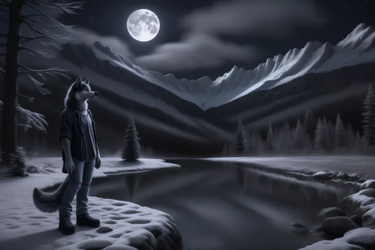 (1girl), (wolf), 90s grunge fashion, denim, flannel, plaid, chill, hanging out on a moonlit night in the Cascade_Mountains, realistic, wolf_tail