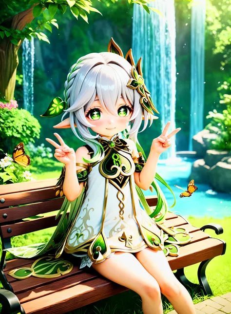 1girl, nahida (genshin impact), genshin impact, upper body, smile, blush, sitting, bench, park, flower, butterfly, day, waterfall, looking at viewer, double v, masterpiece, best quality,