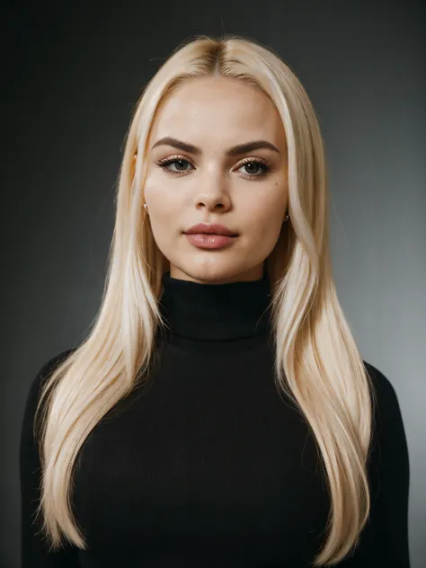 epic35mm, photo of beautiful (block_likastar-140:0.99), a beautiful woman, long perfect blonde hair, (closeup headshot), (wearing a black turtleneck jumper:1.2), (simple background), 70mm, (analog, cinematic, film grain:1.3), ((detailed eyes)), (color pict...