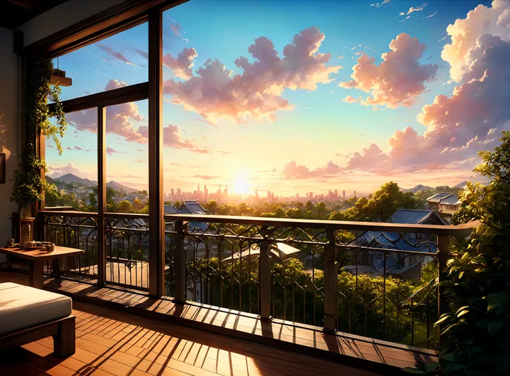 outdoors, sky, day, cloud, tree, blue sky, no humans, window, building, scenery, sunset, railing, house, balcony landscape, scenery, masterpiece, best quality, high quality,