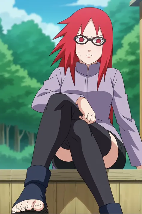 <lora:KarinXL-000020:1>,red hair, 1girl, glasses, long hair, red eyes, solo, long shirt, black thighhighs, black shorts, looking at viewer,medium breasts, long sleeves,outdoors , no pupils,toeless footwear,annoyed, crossed legs, sitting,from below, 
anime ...