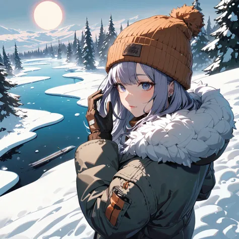 (very aesthetic, best quality, ultra detailed), intricate details, snowy, from above, frozen lake, full moonshadow looming, snow, snow plains, trees, tundra, street, traveller, 1girl, winter jacket, gloves, hand in hair, beanie