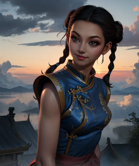 paivf,twin braids with blue ribbons,brown eyes,double bun,black hair,
standing,upper body,light smile,
blue Chinese clothes,sleevless,
cloudy,dusk,
(insanely detailed, masterpiece, best quality , solo, ,,,,,,<lora:Pai:0.8>,,,,,,,,,,,,,