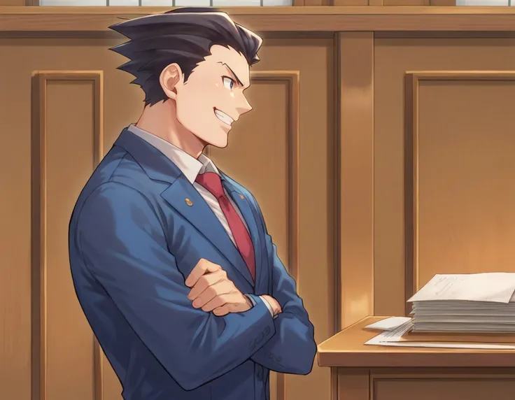 sscore_9, score_8_up, score_7_up, source_anime, phoenix wright, 1boy, male focus, solo, looking at another, from side, blue jacket, blue pants, white shirt, collared shirt, red necktie, cowboy shot, table, crossed arms, paper, binder, indoors, courtroom, g...