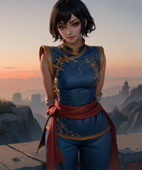 paivf,brown eyes,black hair,short hair,
standing,light smile,arms behind back,
blue Chinese clothes,sleevless,red sash, pants, 
dusk,
(insanely detailed, masterpiece, best quality),solo,<lora:Pai:0.8>,