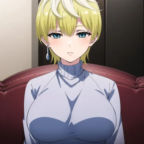 <lora:tenka-15 (1):0.75> tenka, 1girl, solo, breasts, large breasts, jewelry, upper body, earrings, sweater, turtleneck, couch