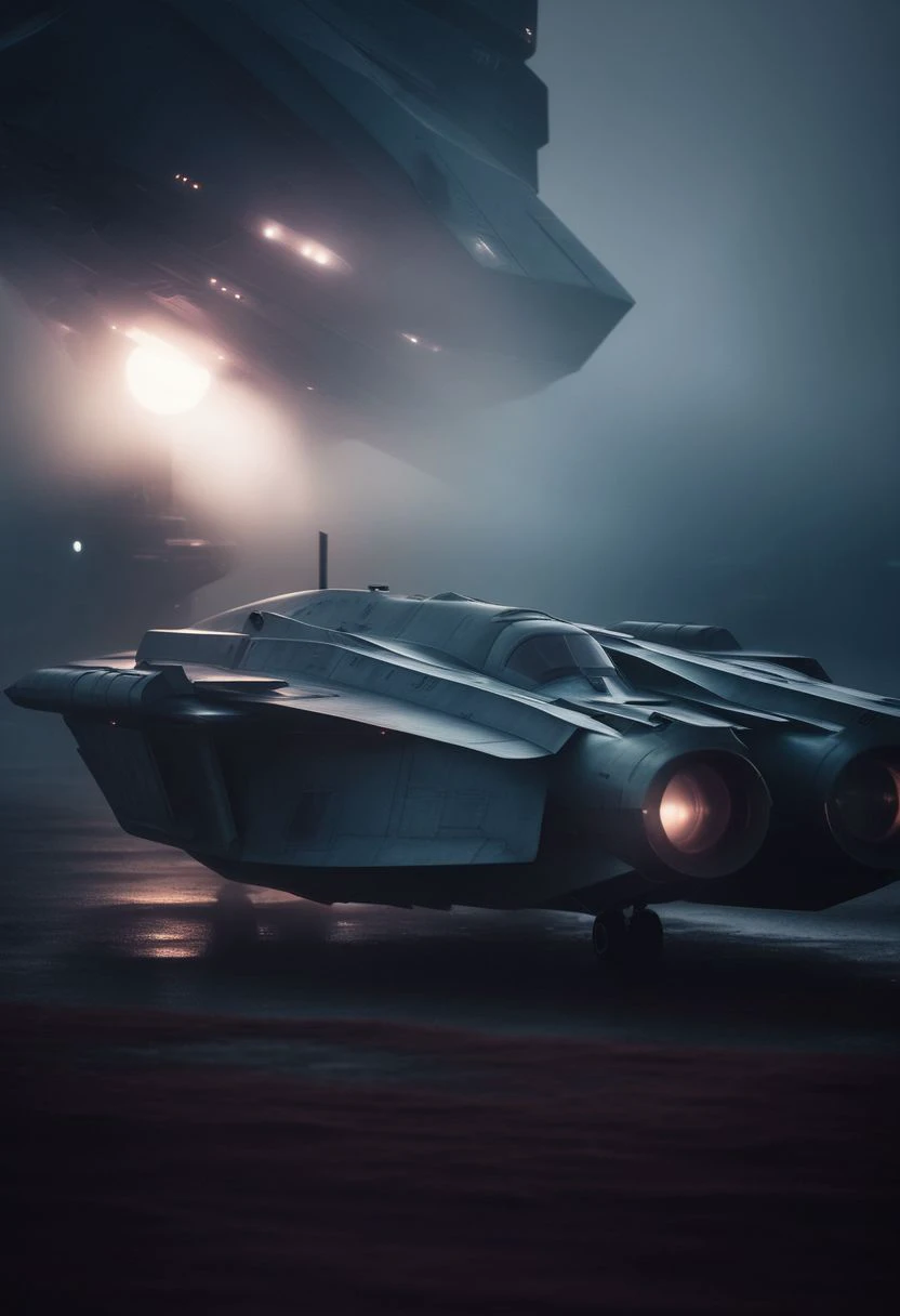 closeup shot of fight aircraft, in futuristic and sci-fi city, during twilight, dramatic, moddy, misty environment, low contrast muted colour tones, shot on a 500mm zoom lens, with a extreme shallow depth of field, creating a dreamy lens flare, shrouded in...