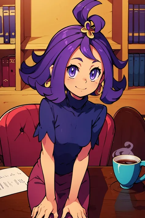 ((masterpiece, best quality)), <lora:Bold_CAT:0.8>,   <lora:Acerola_Pokemon:0.8>,  acerola (pokemon), purple hair, purple hair, topknot, flipped hair,  smile, looking at viewer, ,  turtleneck sweater, earrings, library, cup of coffee, sitting at table