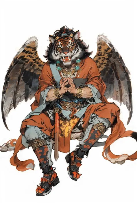 solo, 1boy, jewelry, male focus, sitting, necklace, bracelet, furry, tiger, full body, weapon, own hands together, shoes, beads, sword, fangs, simple background, wings, holding, yellow eyes, looking at viewer, robe, furry maleï¼<lora:md-031-å¤ä»£ç¥è¯æ...