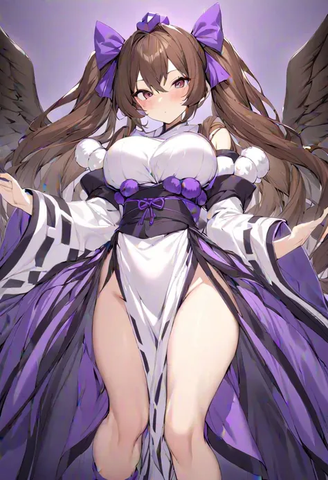 masterpiece, best quality, ultra-detailed, beautiful, nai3, 1girl, solo, 
himekaidou hatate, 1girl, bow, breasts, brown eyes, brown hair, detached sleeves, feathered wings, geta, hair bow, hat, kourindou tengu costume, loincloth, long hair, medium breasts,...