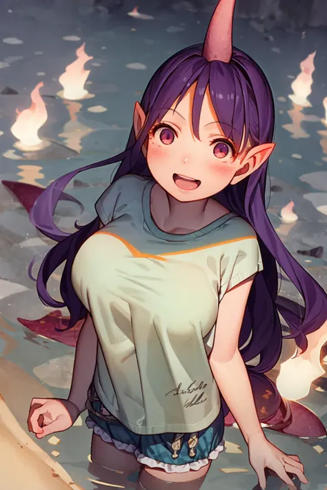 masterpiece, best quality, <lora:TenkajinChiyari:1>,<lora:muk:1>,,
1girl, solo, horns, tail, long hair, purple hair, pointy ears, red eyes, breasts, fire, single horn, shirt, large breasts, looking at viewer, smile, blush, water, skirt, hair between eyes, ...