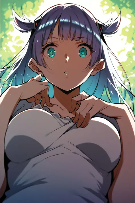 score_9, score_8_up, score_7_up, high resolution, 1girl, stroking own chin, looking at viewer, beautiful face, detailed pupils, wide-eyed, purple hair, hair flaps, asymmetrical fringe, aqua eyes, medium breasts, frontlighting, from below, forest <lora:Sait...