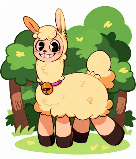 furry,alpaca_carlesi,long neck,big eyes,black eyes,crazy grin,bunny ears,bell choker,fluffy,cuteg,cartoonized,all fours,forest,Hungry Lamu,<lora:Hungry_Lamu_v1:0.8>,