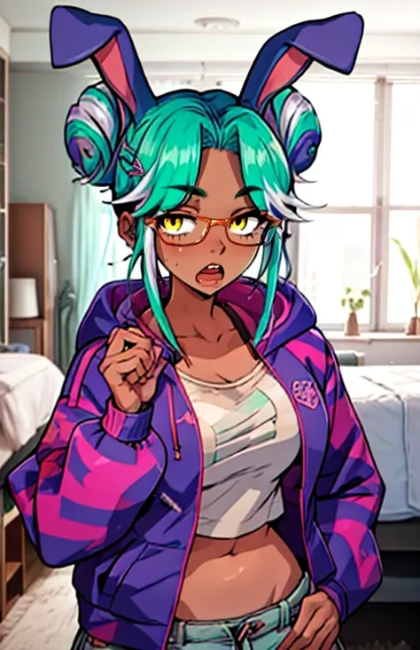 best quality, (masterpiece),(ultra-detailed), (high quality), (high resolution), <lora:FuelVT:0.7>,1girl, artist name, bed, blue eyes, dark skin, dark-skinned female, double bun, english text, fuelvt, glasses, green hair, hair bun, hair ornament, hood, hoo...