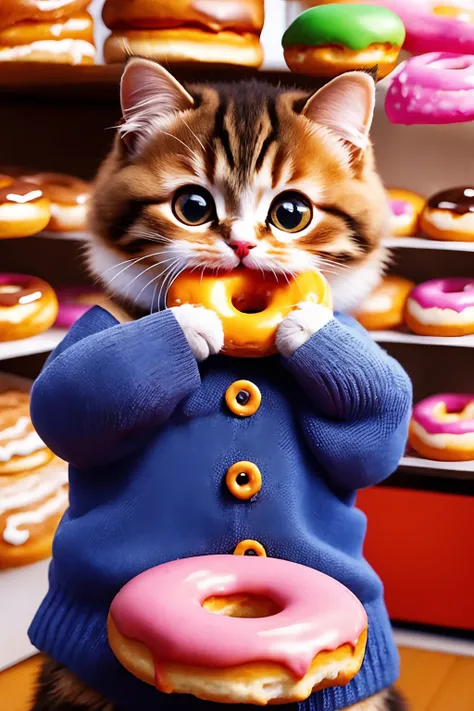 cat, eating, holding, doughnut, eat happily,<lora:Again_Cat_Lora:1>