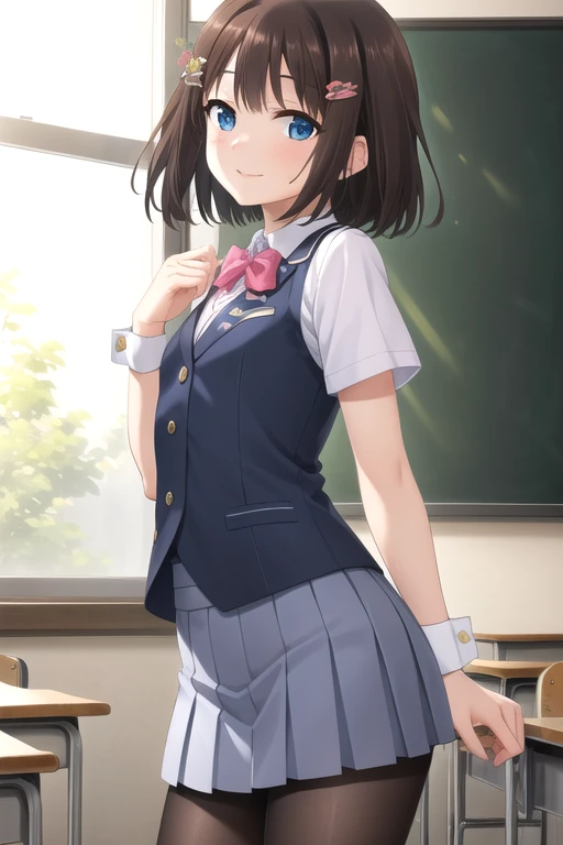 ((masterpiece)),(best quality),official art,extremely detailed CG,unity 8k wallpaper,ultra detailed,beautiful detailed eyes,extremely detailed face,classroom,1girl,solo,cowboy shot,looking at viewer,facing viewer,(petite:1.3),smile,Seguchi Mahiru,short hai...