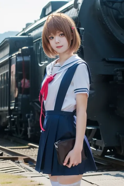 ltra-detailed,highly detailed,best quality,masterpiece,illustration,realistic,photorealistic,
clannad, hikarizaka private high school uniform, summer uniform, 
1girl, solo, cosplay, 
serafuku, short sleeves shirt, sailor collar, suspender skirt, thighhighs...