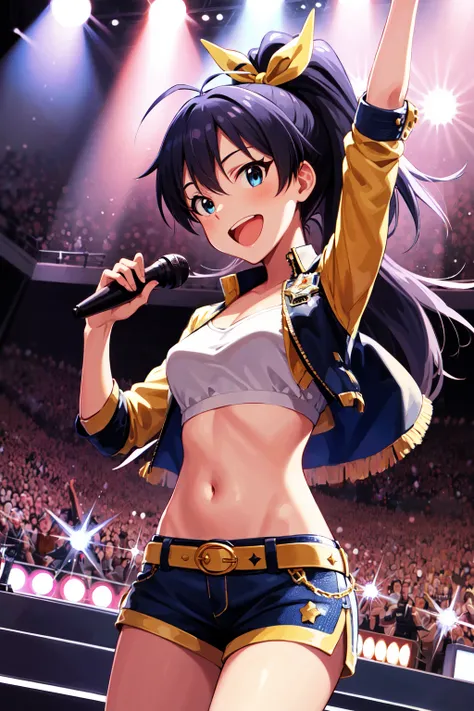 masterpiece, best quality, highres, aahibiki, ponytail, long hair, hair ribbon, antenna hair, <lora:ganaha_hibiki_v1:0.7>, idol clothes, cropped jacket, midriff, shorts, standing, cowboy shot, singing, stage, holding microphone, smile, open mouth,