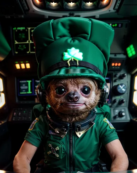 cinematic photo  <lora:quiron_sainttPatrickDay_v2_Lora:0.87> saintPatDQuiron, A cute and tiny sloth captain inside the Space Shuttles control cockpit,,  Saint Patricks Day,  . 35mm photograph, film, bokeh, professional, 4k, highly detailed