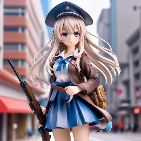 Full view of cute sksireina figure,cute face,japan high school girl, shiny hair, serafuku, gun in hand,soldier,  jk, scale figure, detailed face, face at center,vivid, scenery, masterpiece, best quality,sharp edges, cinematic film still, realistic, portrai...