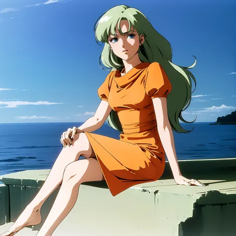 <lora:MiyukiAiba001:0.7>,
retro artstyle,1980s (style),
MiyukiAiba,1gilr,green hair,long hair,blue eyes,
orange dress,
full body,sitting,