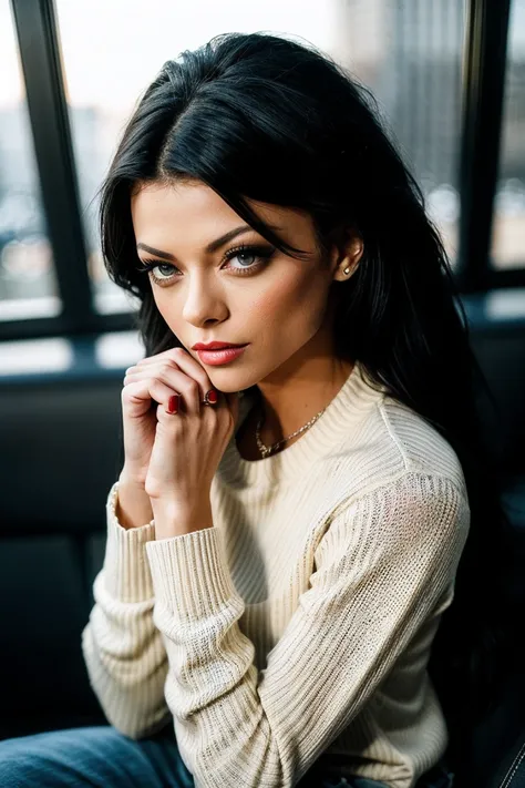 photo of beautiful (K1mberVe1ls1-135:0.99), a woman, perfect hair, serious look, (modern photo), wearing a (long sleeved sweater:1.2) and jeans with jewelry, portrait, 85mm, (analog, cinematic, film grain:1.3), (__advancedWildcardsScienceFictionKit_v10/adv...