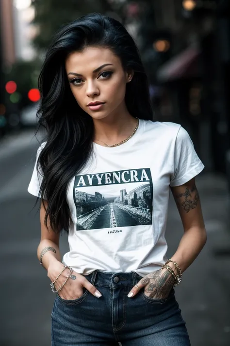 photo of beautiful (K1mberVe1ls1-135:0.99), a woman, perfect hair, serious look, (modern photo), wearing a (crew neck t-shirt:1.2) and jeans with jewelry, portrait, 85mm, (analog, cinematic, film grain:1.3), (__advancedWildcardsScienceFictionKit_v10/advanc...