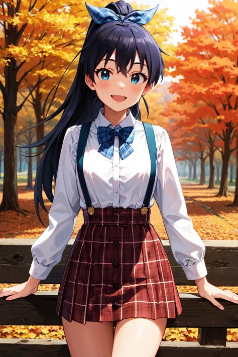 masterpiece, best quality, highres, aahibiki, ponytail, long hair, hair ribbon, antenna hair, <lora:ganaha_hibiki_v1:0.7>, high-waist skirt, plaid, suspenders, long sleeves, autumn, standing, cowboy shot, smile, fang