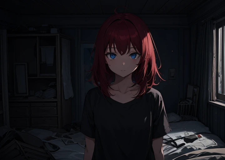 solo, 1girl, night, dark, ruby red hair, blue eyes, bedroom, messy room, upper body, solo focus