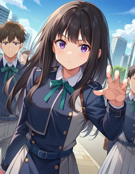 anime girl in uniform with a group of other people in the background