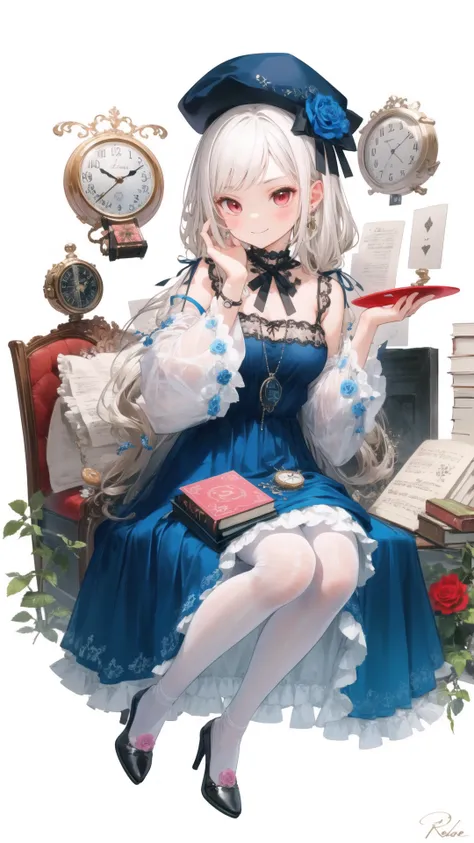 1girl, analog_clock, black_legwear, blonde_hair, blue_dress, book, bow, card, clock, dress, flower, frills, hair_bow, key, long_hair, long_sleeves, looking_at_viewer, pantyhose, pink_rose, pocket_watch, puffy_sleeves, red_eyes, red_flower, red_rose, roman_...