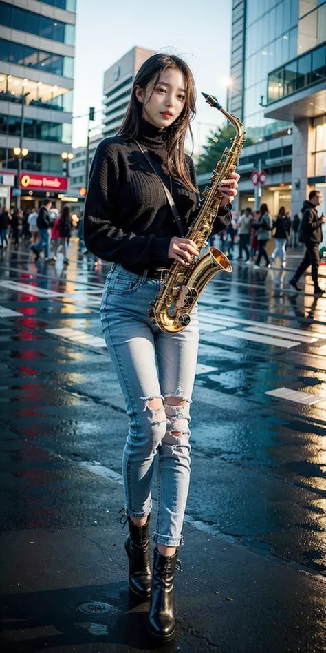 1girl, playing saxophone, saxophone, stand, full body,  high-heeled boots,outdoor, sweater, jeans,
masterpiece, best quality, 8k