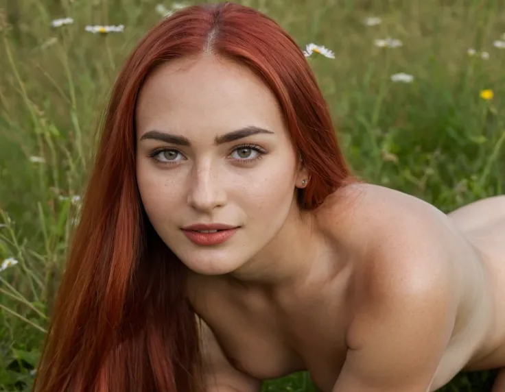 (Nude naked NSFW:1.3) (very close shot, zoomed in face portrait:1.3) photo of a smirking, (closed mouth:1.5) curious erotic toned young 25 year old (Maori:1.3) (bohemian:1.1) woman with (long red hair:1.1), light grey eyes, (oblong face:1.1), (curved eyebr...