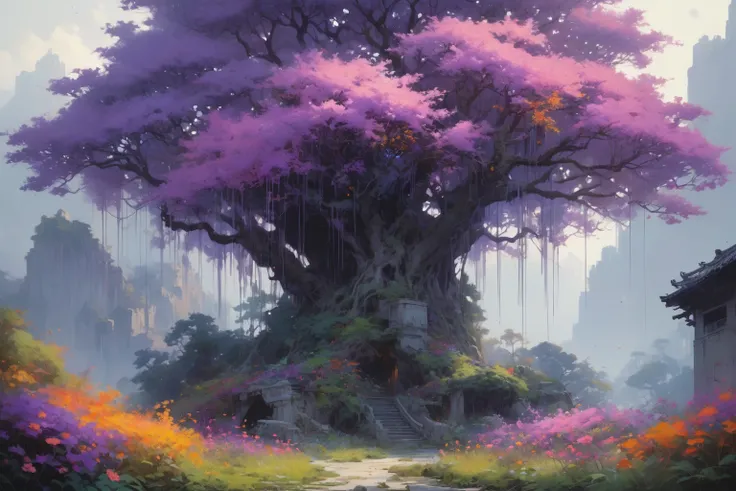 masterpiece, overgrown brutalism, Dull Purple glow, glowing trees, colorful flowers, breathtaking landscape, extremly high details, photorealistic, cinematic landscape, in the style of romanticism, wenjun lin an krenz cushart <lora:Overgrown_Brutalism_SDXL...