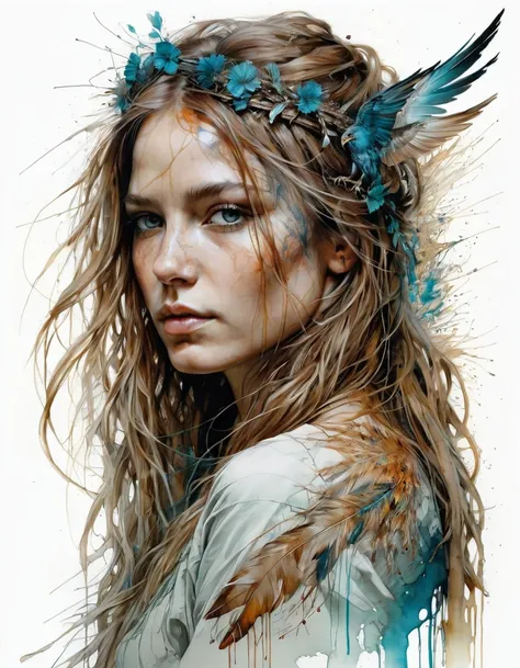 Art by Carne Griffiths, 3/4 body,18 years old, Valkyrie, perfect face, perfect body, transparent silk clothes, perfect digital painting, detailed, sharp, oil paint, Realistic, long and voluminous hair, detailed masterpiece, best image quality., Mysterious,