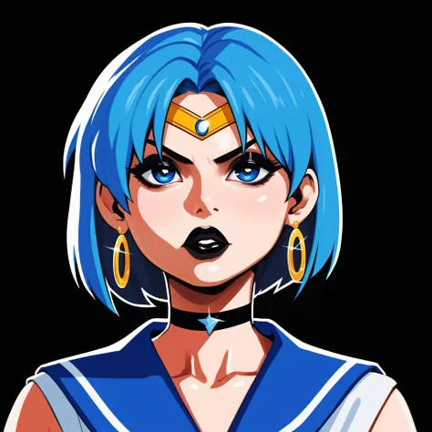 score_9, score_8_up, score_7_up, score_6_up, score_5_up, score_4_up,
BREAK
sailor mercury, blue hair, short hair, blue eyes, circlet, black eyeshadow, black eyeliner, long eyelashes, black choker, black lips, thick lips, bimbo lips, big lips, pout, half-cl...