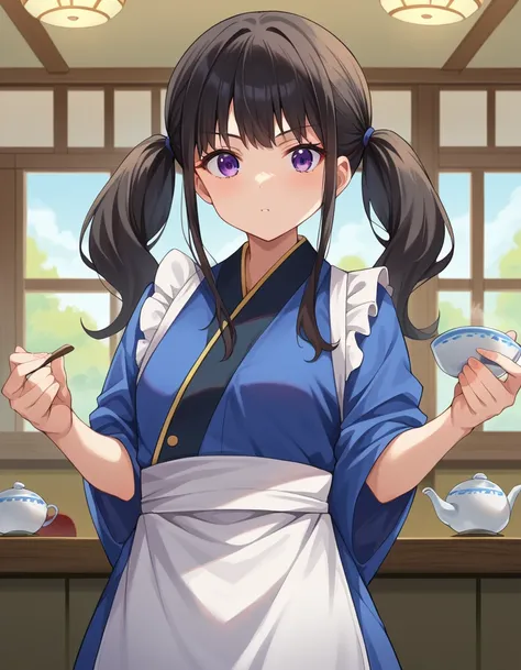 anime girl in a blue kimono dress holding a bowl of soup