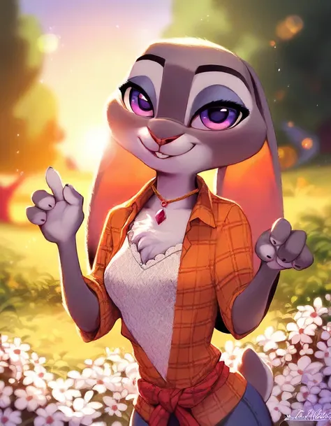 JudyHoppsXL, score_9, score_8_up, score_7_up, score_6_up, score_5_up, source_furry,solo, source furry, rabbit, judy hopps, eyes with white sclera, fully clothed, advanced shading, detailed fur texture, scut tail, breasts, chest tuft, paws, zootopia, fully ...