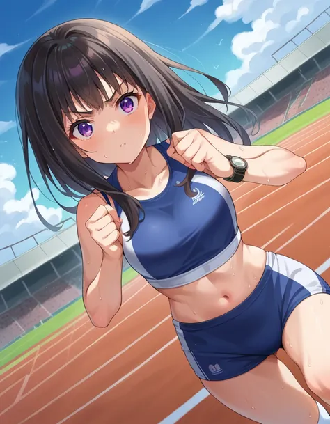 score_9, score_8_up, score_7_up, source_anime, takinainoue, <lora:takina-inoue-ponyxl-lora-nochekaiser:1>, inoue takina, long hair, bangs, black hair, purple eyes, crop top, white socks, buruma, sports bra, sportswear, wristwatch, sports bikini, outdoors, ...