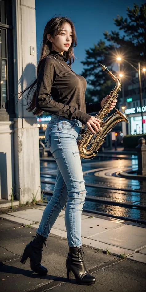 1girl, playing saxophone, saxophone, stand, full body, pantyhose, high-heeled boots,outdoor, polo shirt, jeans,long hair,big bre...