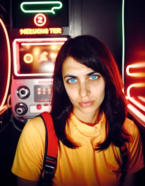 <lora:H1l4-000018:0.9>, a photo of (H1l4) woman as a nerdy gamer girl, neon dim arcade background, 1girl, solo, realistic, film photo, analog style, soft focus, beautiful,