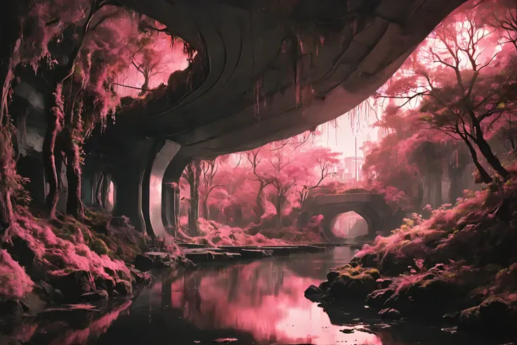 masterpiece, overgrown brutalism, pink glow, glowing trees,(a futuristic city underground), dark cave, breathtaking landscape, <lora:Overgrown_Brutalism_SDXL:.8>