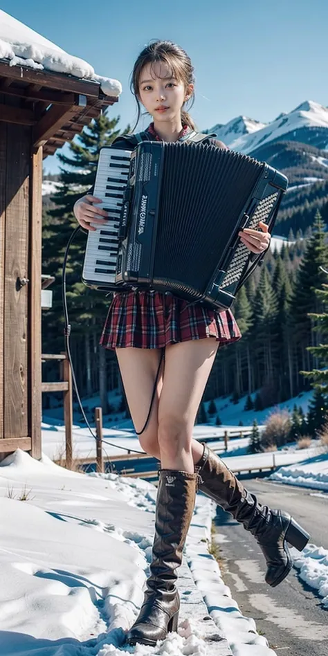 1girl, playing accordion, accordion, 
stand, full body, 
outdoor, snow mountain, snow, 
masterpiece, best quality, 8k