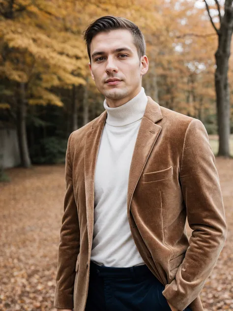 photograph, photo of mid-twenty white-skin man, wearing Rust-colored corduroy blazer, crisp white turtleneck, well-worn chinos. Fall foliage stroll, timeless elegance., posing for photo, setting is an indoor (professional backdrop:1.2), [skin texture:0.25]...