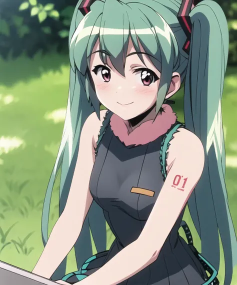 1girl,long hair,hatsune miku,looking at viewer,blush,smile,<lora:renkin_san_kyuu_magical-09:1>,