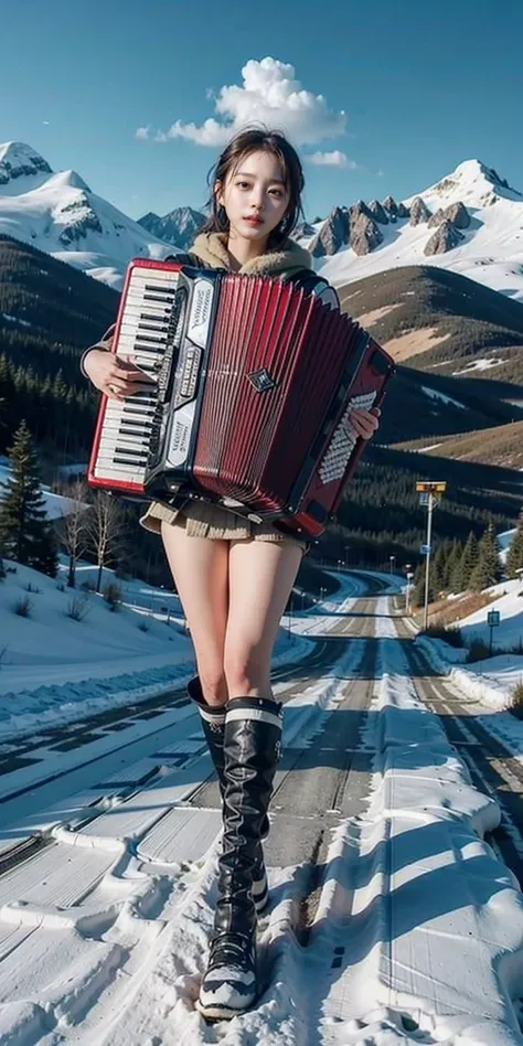 1girl, playing accordion, accordion, 
stand, full body, 
outdoor, snow mountain, snow, 
masterpiece, best quality, 8k