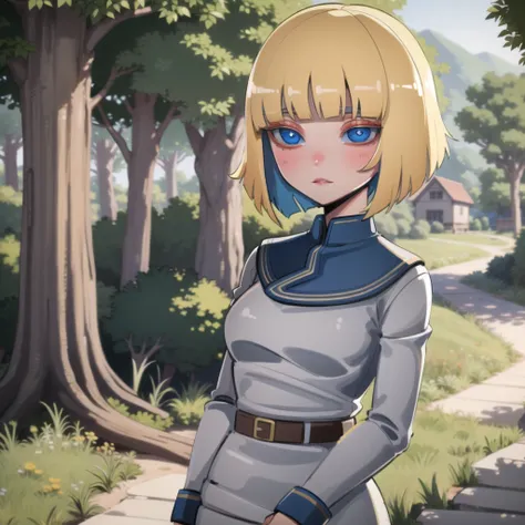 <lora:FLAYNE2:0.8> flayne, blue eyes, blonde hair, short hair, blunt bangs, blush, high quality, masterpiece, colorful, in forest, 1 girl, solo, adventurer clothes