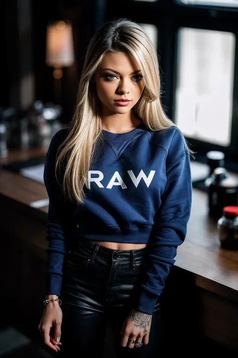 photo of beautiful (K1mberVe1ls1-135:0.99), blonde, a woman, perfect hair, serious look, (modern photo), wearing a (crew neck sweatshirt:1.2) and long pants with jewelry, portrait, 85mm, (analog, cinematic, film grain:1.3), (__advancedWildcardsScienceFicti...